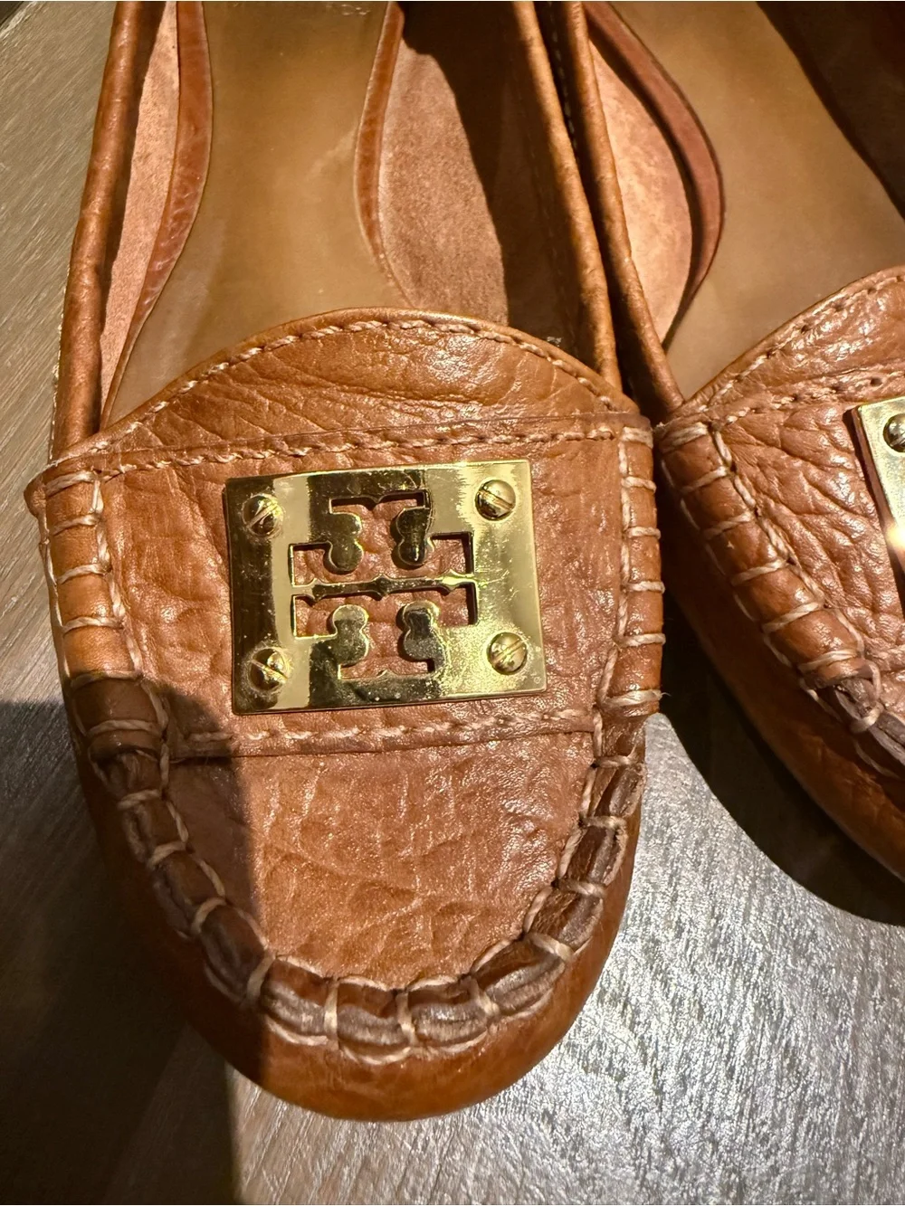 Tory Burch Cognac Leather Logo Penny Loafers